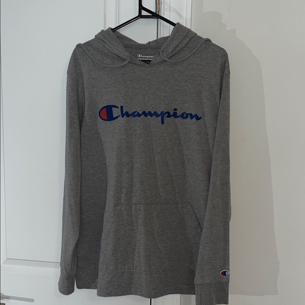 Gray Champion hooded hoodie pullover sweatshirt M men’s slight rip neck